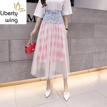 

Women High Waist Denim Patchwork Mesh Midi Skirts 2 Piece Set New Casual Summer Tulle Plaid A-Line Long Skirt Red