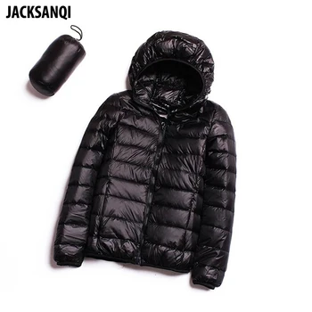 

JACKSANQI Winter Women's Hooded Outdoor Sports Down Jacket Ultra Light Warm Coats Solid Portable Hiking Duck Down Jackets RA324