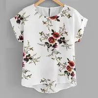 Mode d'été imprimé fleuri Blouse pull dames col rond t-shirt hauts femme chemise à manches courtes Blusas Femininas vêtements 1