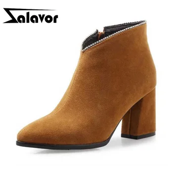 

ZALAVOR Size 32-47 Women Ankle Boots Winter Fur Side Zipper Shoes Woman Pointed Toe High Heel Short Boots Sexy Ladies Shoes