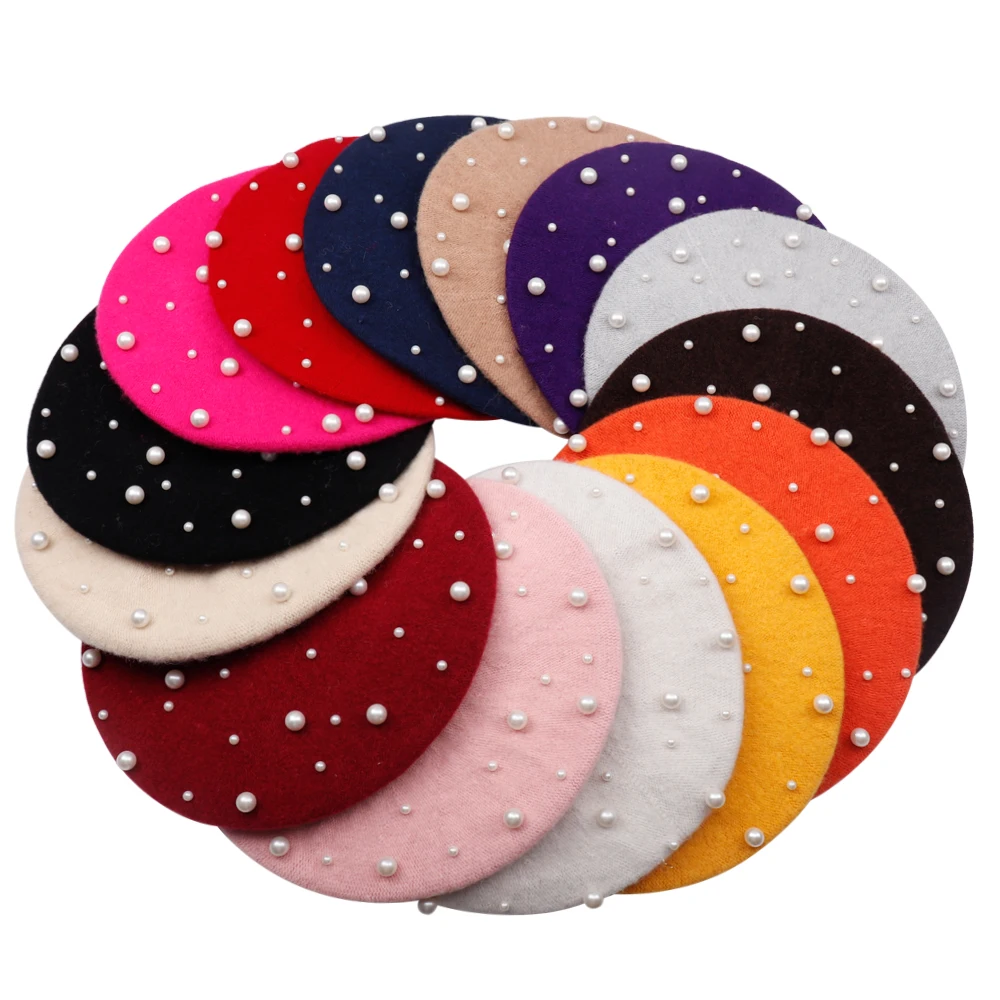 CN Winter Luxury Wool Pearl Beret Women French Solid Vintage Berets Caps For Women Girl Cashmere Female Warm Hats
