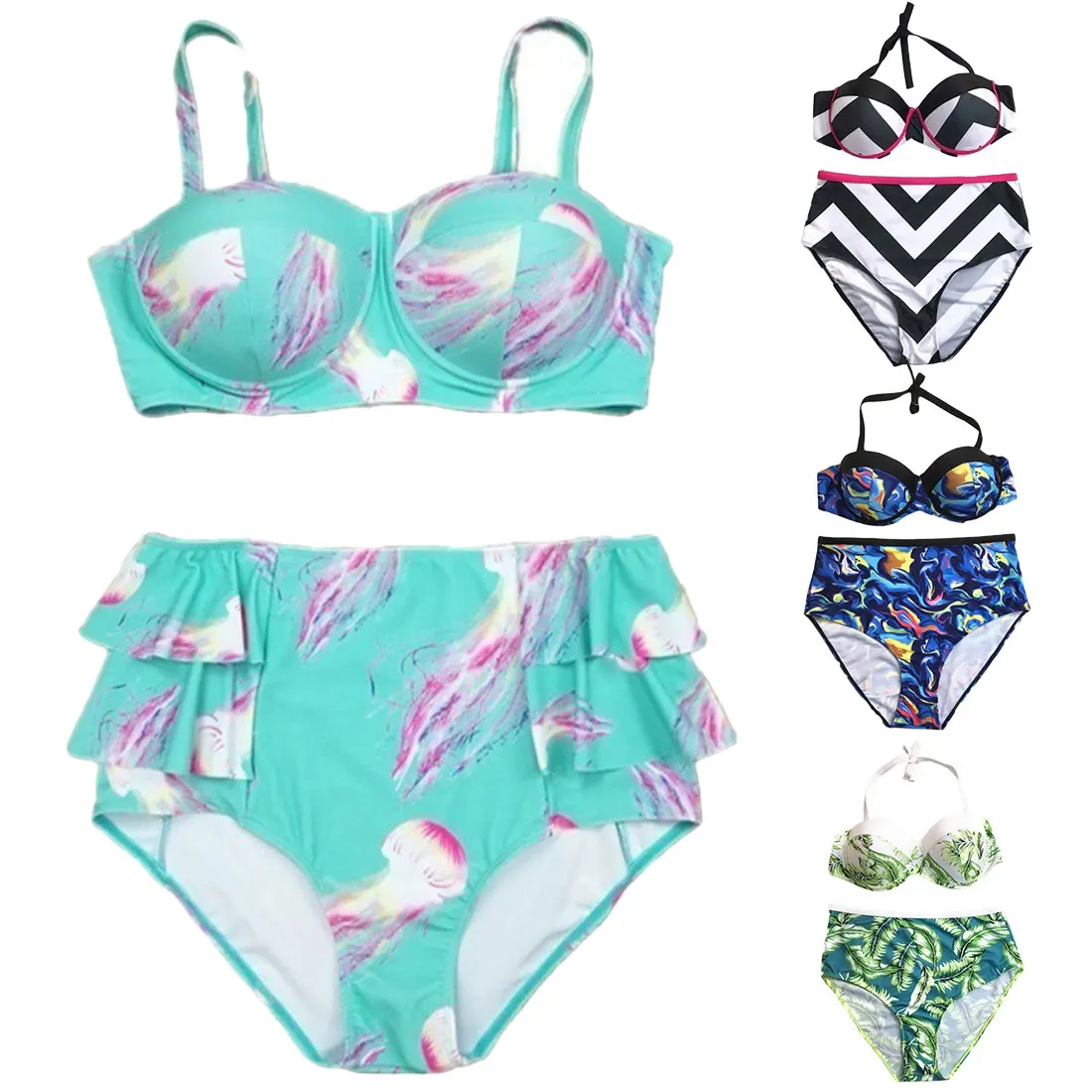 

Womens Plus Size Swimwear 2 Piece Floral Retro Hot Swimsuits High Waist Bikini Oversize Tummy Control Bikini Set