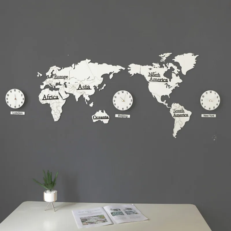 

130*60cm Creative 3D MDF Wooden Wall Clock DIY World Map Large Size Wall Sticker Clock Modern European Style Round Mute Clock