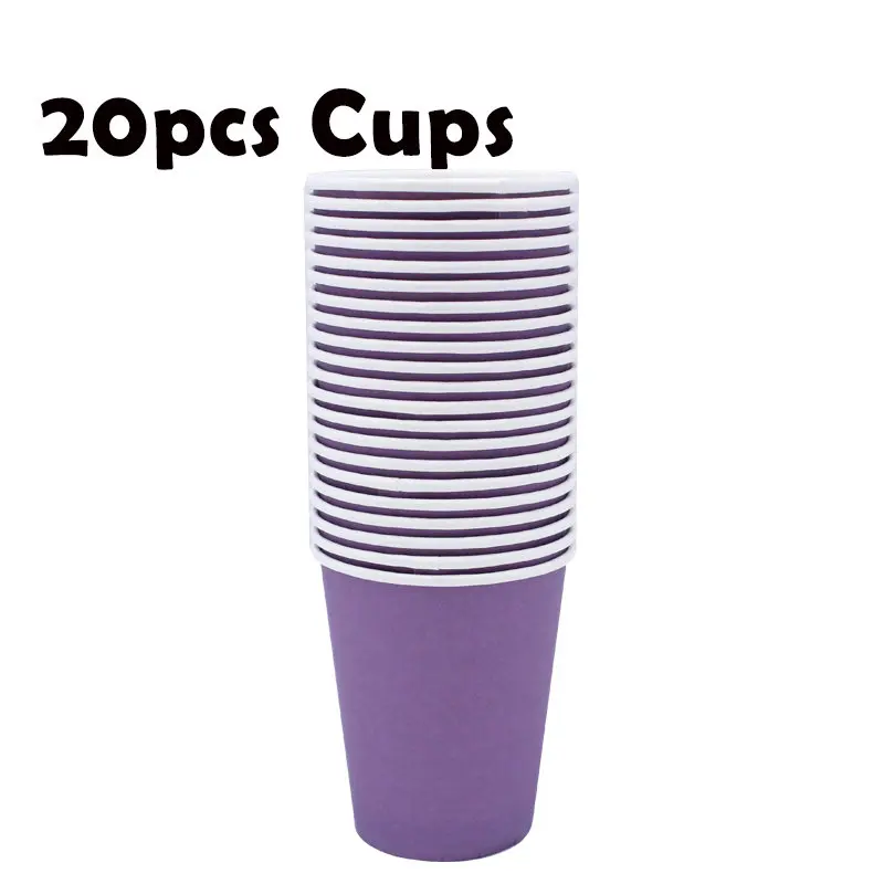 Cups 20pcs Вечерние принадлежности для мероприятий, однотонные фиолетовые одноразовые салфетки для сервировки, юбилейные чашки для дня рождения, соломинки, тарелки для девочек - Цвет: Cups 20pcs