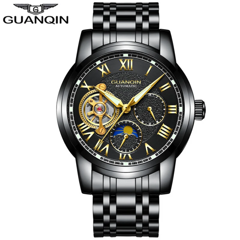 GUANQIN механические наручные часы для мужчин Automatic Tourbillon Роскошные Брендовые мужские часы-Скелетон полностью стальные часы бизнес класса Relogio