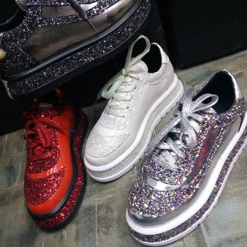 

Spring new thick-soled casual shoes sequined red round head platform with single shoes trendy shoes lace-up women's shoes