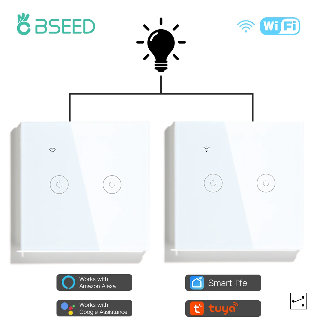 BSEED 2Gang Wifi Touch Switch Smart Sensor Light Switch 220V 2Way For Stairs Smart Life Tuya Alexa Control Blue Backlight 10A