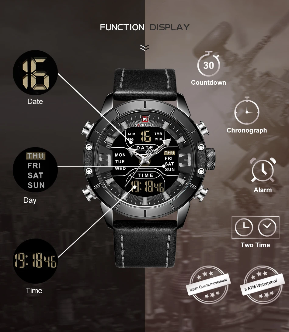 NAVIFORCE Топ Роскошные, спортивные и фирменные мужские часы светодиодный цифровые водонепроницаемые часы модные кварцевые Военные Наручные часы Relogio Masculino
