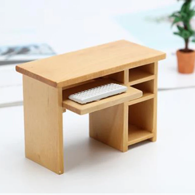 1 Set 1/12 Dollhouse Miniature Desk With Keyboard And Mouse Wooden Toys Dollhouse Furniture For Dollhouse Decals 3
