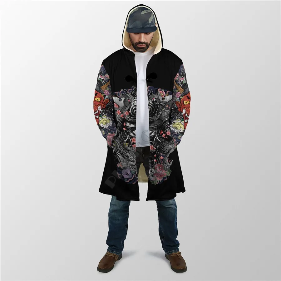 Winter Men For Women Hooded Cloak Samurai and Dragon Tattoo 3D Over Printed Cloak Fleece Wind breaker Warm Hood Cloak