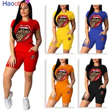 

HAOOHU 2 Piece Outfits for Women Summer Clother Lips Splice T Shirt Biker Shorts Sweat Suit Lounge Two Piece Matching Sets