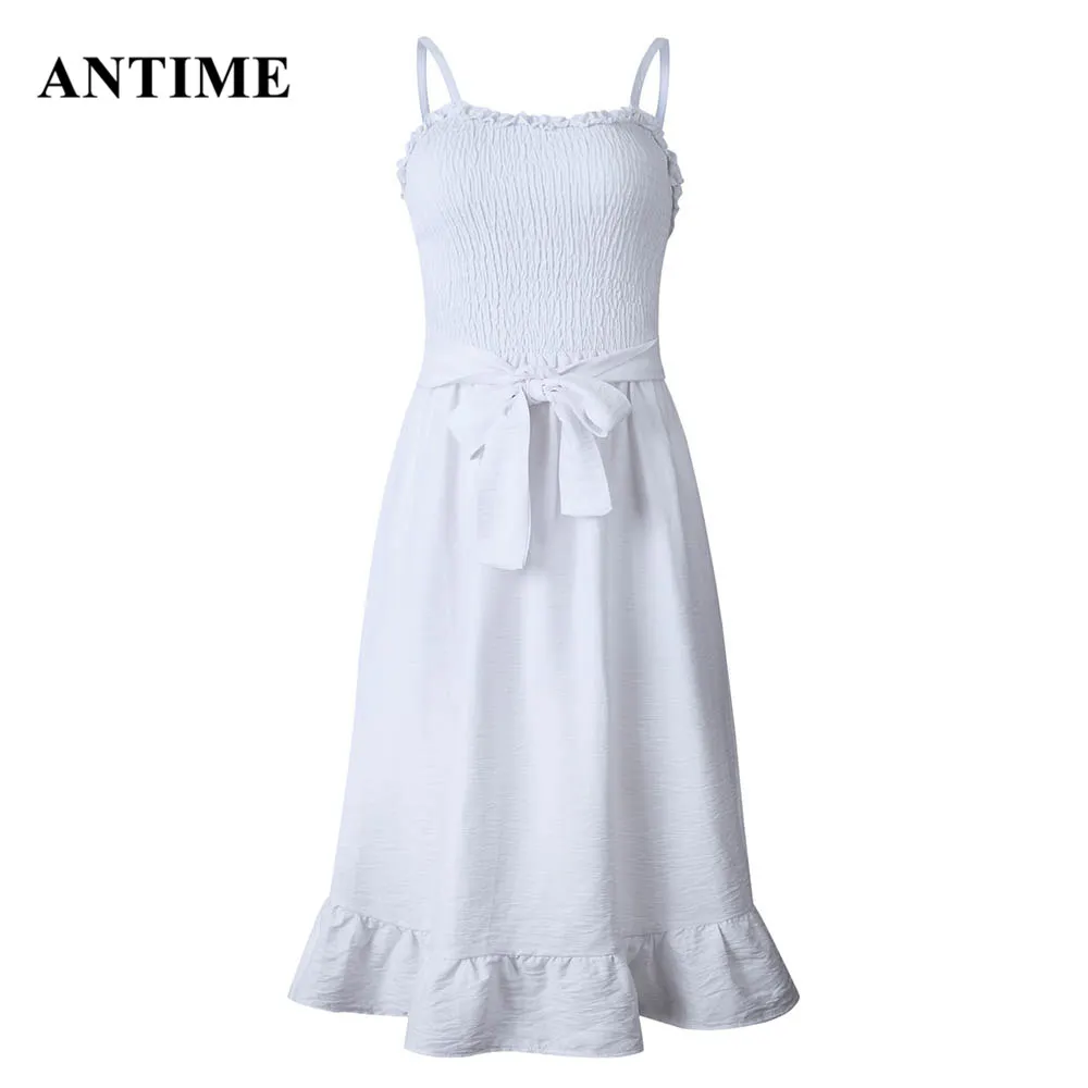Antime Ruffles Хлопковое платье на бретельках для женщин красное однотонное платье без рукавов с вырезом лодочкой Элегантное летнее вечернее платье миди - Цвет: Белый