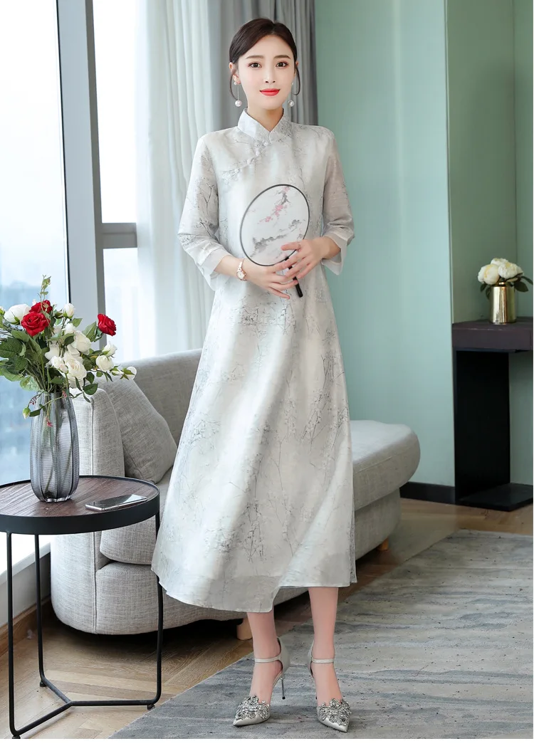 Летнее чайное платье в китайском стиле, традиционное платье Hanfu, древнее платье, рукав три четверти, воротник Мандарин, платье Тан