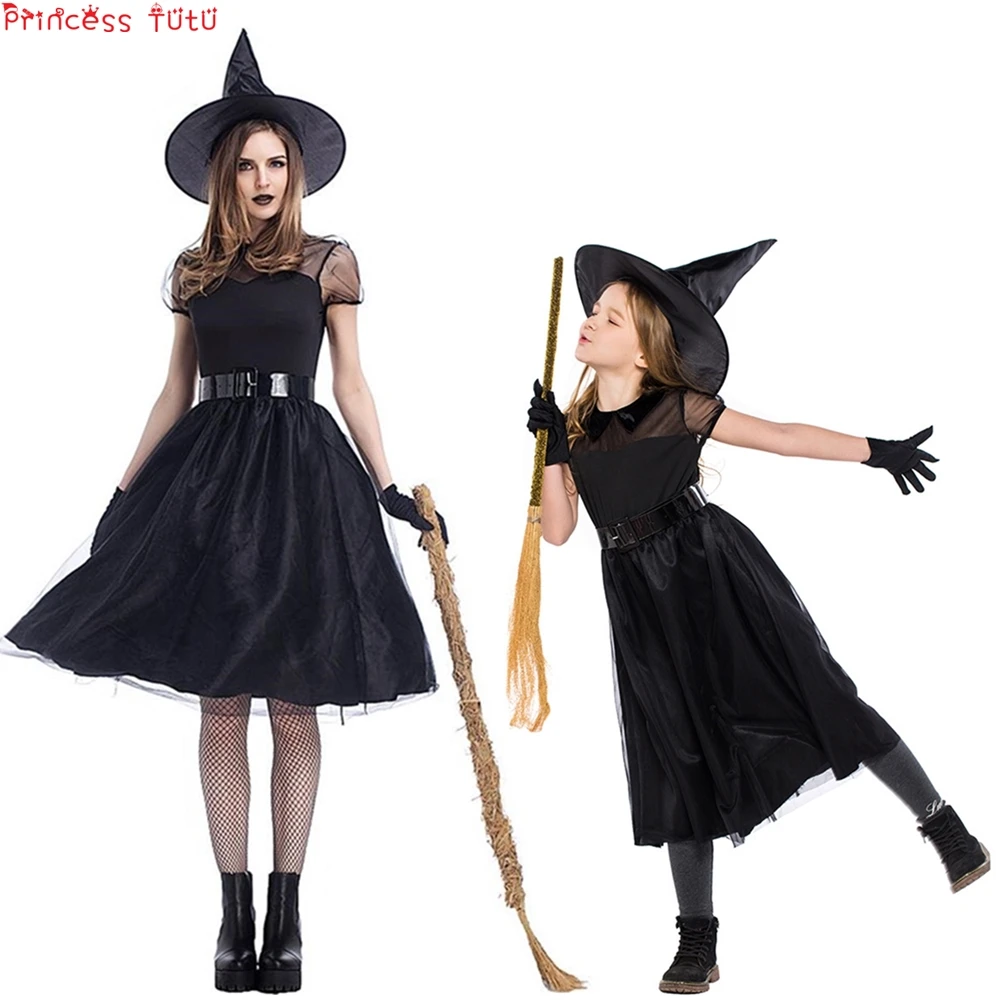 

Halloween Children Adult Witch Costume Black Mesh Little Witch COS Dress Daily Wear Parent-child Wear With Hat For Hallowmas