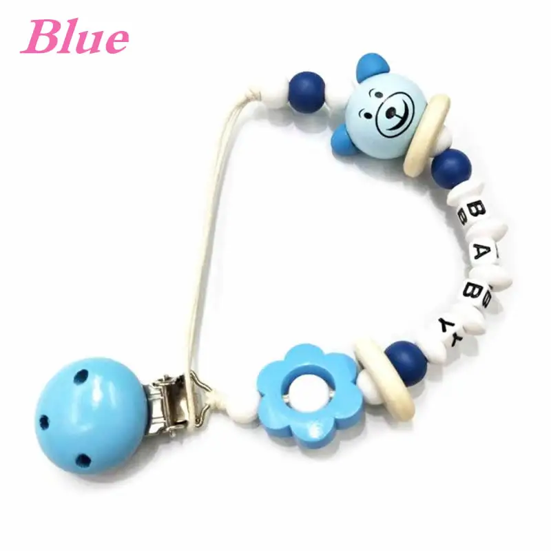 Blue Соска-пустышка, клипса, детский держатель для соски, цепочка, медведь, Цветочные бусины, силиконовая деревянная пустышка с буквенным принтом, защита от падения, для кормления новорожденных - Цвет: Blue