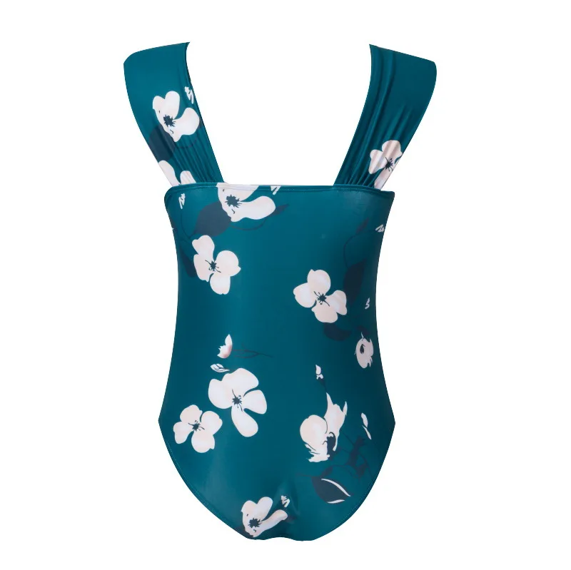 2020 Dark Green Modest Fashion Shoulder Printed Bikini Bathing Suit