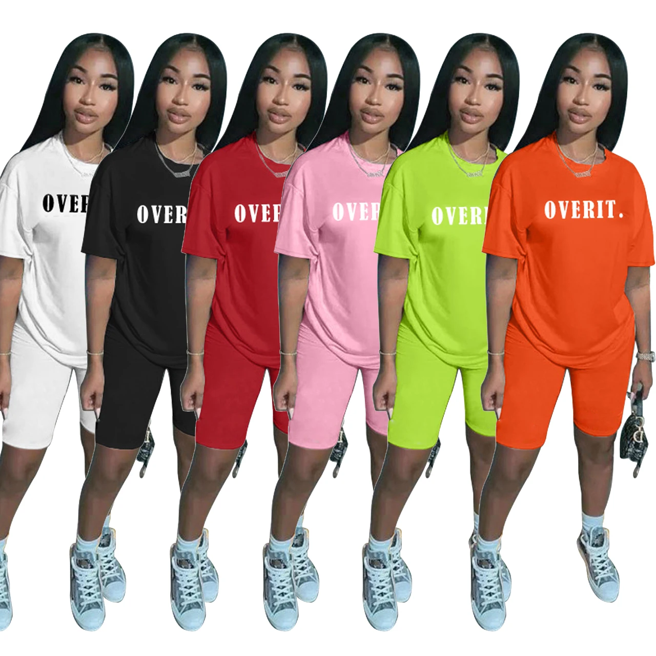 

2020 Pink White Two 2 Piece Set Women Biker Shorts Set Letter Summer Outfit Overit T Shirt Ladies Tracksuits Female Matching Set