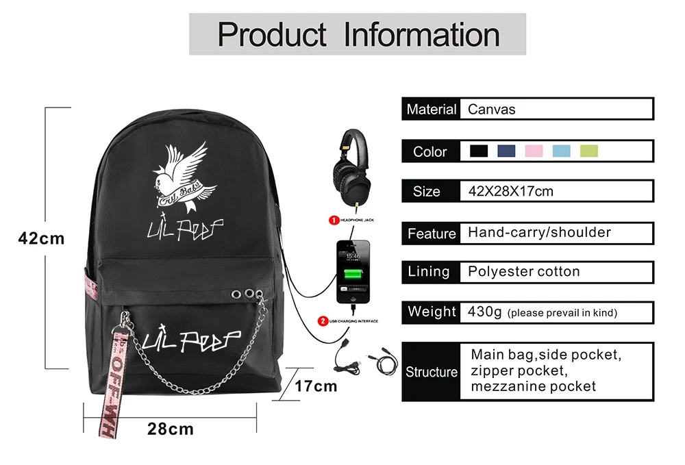 best Stylish Backpacks Popular Novelty Cute Rap Lil Peep backpack Usb Rechargeable Schoolbag Student Waterproof Canvas Travel Bag Print Teen Girls bag stylish backpacks for school