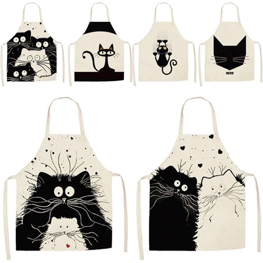 Kitchen Apron Cat Printed Sleeveless Cotton Linen Aprons Home Cleaning Tools