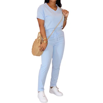 

2020 Women Casual Solid Tracksuit Sexy V Neck Short Sleeve Tops And Pants Femme Two Pieces Set Summer Sportswear SJ5788E