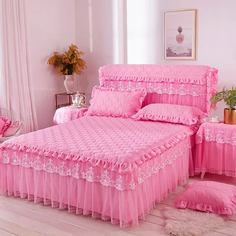 Зимнее плотное теплое покрывало комплект тканевых наволочек с хлопком 1/3 предмета в комплекте розового цвета прилегающее с кружевами постельное юбка чехол для матраса