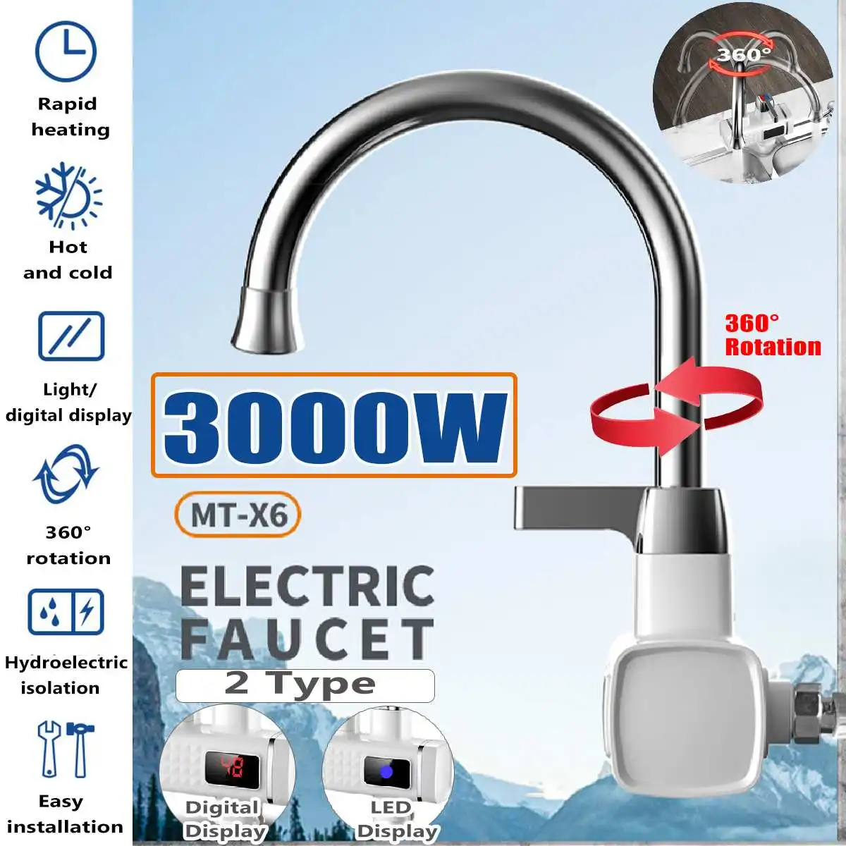 

3000W Digital LED Display Instant Hot Water Tap Tankless Electric Faucet Kitchen Instant Hot Faucet Water Heater Water Heating
