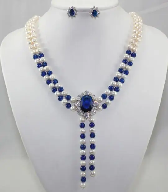 Jewelry Pearl Set Wholesale noble mixed 2 rows white shell pearl and blue Natural Stone+ crystal earring fashion j Free Shipping | Украшения
