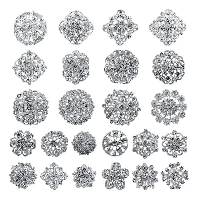 

24pc Clear Rhinestone Crystal Flower Brooches Pins Set DIY Wedding Bouquet Broaches Kit