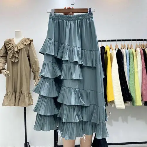 Autumn Korea Fashion Women High Waist Asymmetrical Ruffles Long Skirt All-matched Casual Sweet Pleated Skirts S321 - Цвет: green