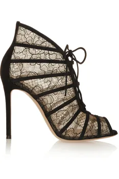 

Black Lace Chalaza Fish Mouth Sandals High With Short Boots Sexy Nightclub Women's Shoes