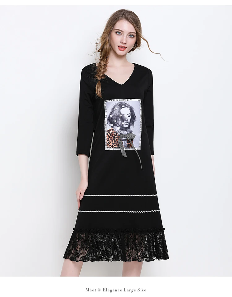 Autumn Lace Patchwork Dress Women Plus Size 5xl Casual Black V-neck Three Quarter Sleeve Spring Office Party Dress Vestidos Robe