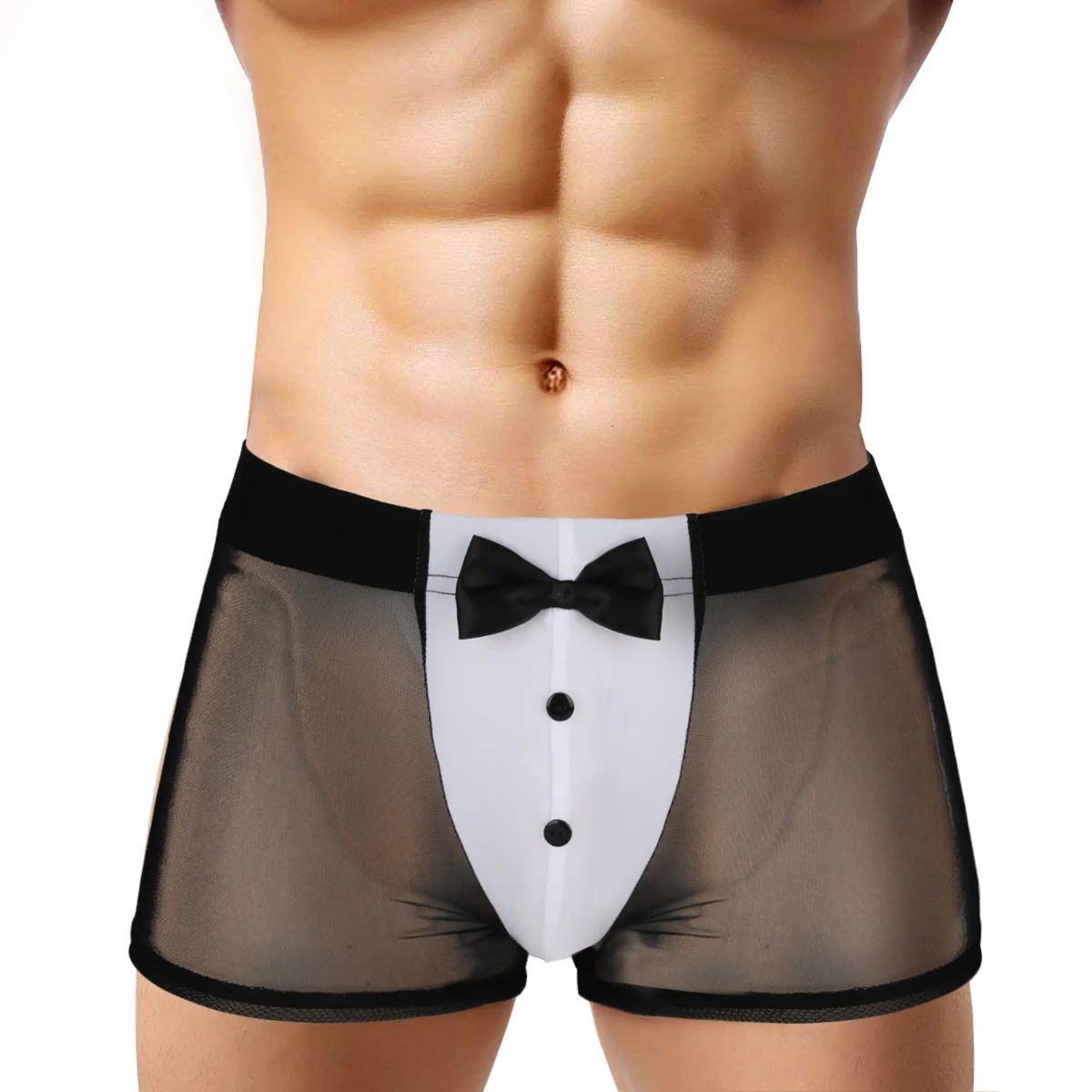 

Mens Erotic Lingerie Waiter Tuxedo Underwear for Sex See Through Mesh Boxer Briefs with Back Rabbit Ears Male Sexy Panties