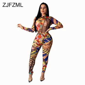 

Geometric Print Sexy 2 Piece Outfits for Women Mock Neck Long Sleeve Top+Fitness Pants Sweatsuit Casual Two Piece Matching Set