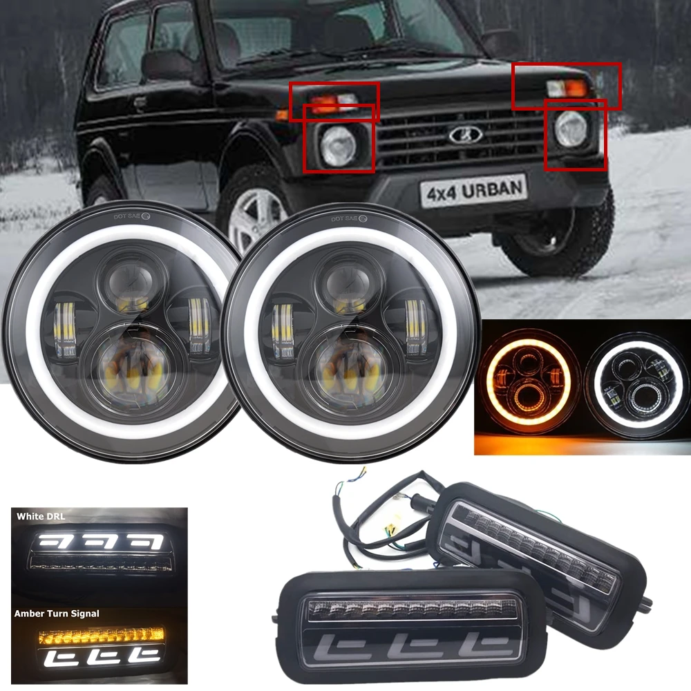 

Halo 7 Inch Led Headlight + White DRL Amber Turn Signal Lights front Headlights Combo for Lada Niva 4x4 1995 up Car Accessories