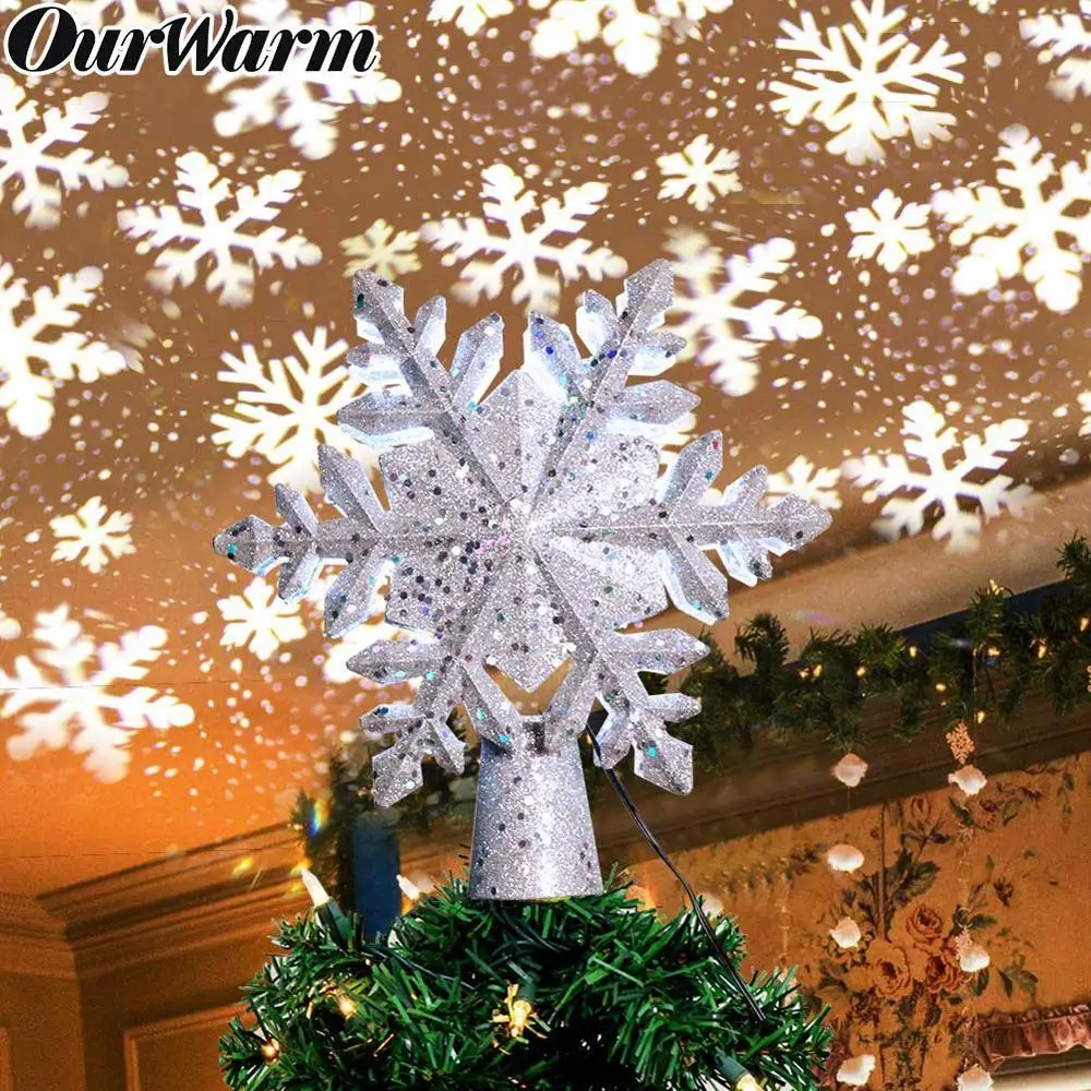 

OurWarm Christmas Tree Topper Lighted with White Snowflake Projector Rotating 3D Glitter Lighted Christmas Decorations for Tree