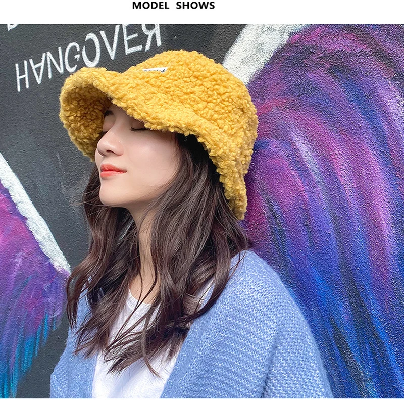winter hats for women bucbet caps lambswool wild fleece student warm basin cap black yellow