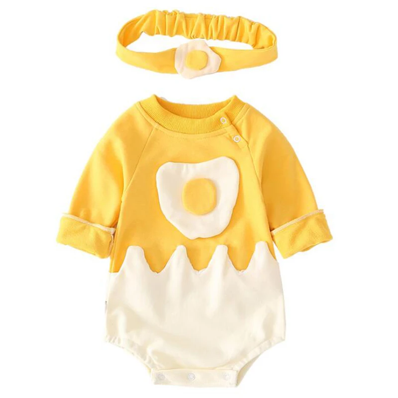 

2019 Autumn Newborn Cartoon Egg Baby Romper + Hair Band Girls Boys Romper Long Sleeve Baby Jumpsuit Clothes