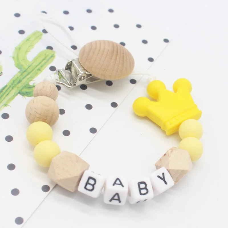 Baby Pacifier Pink Crown Silicone Beads Pacifier Holder Chain Shower Gift Personalised Name Handmade Beech Wooden Clip Chain