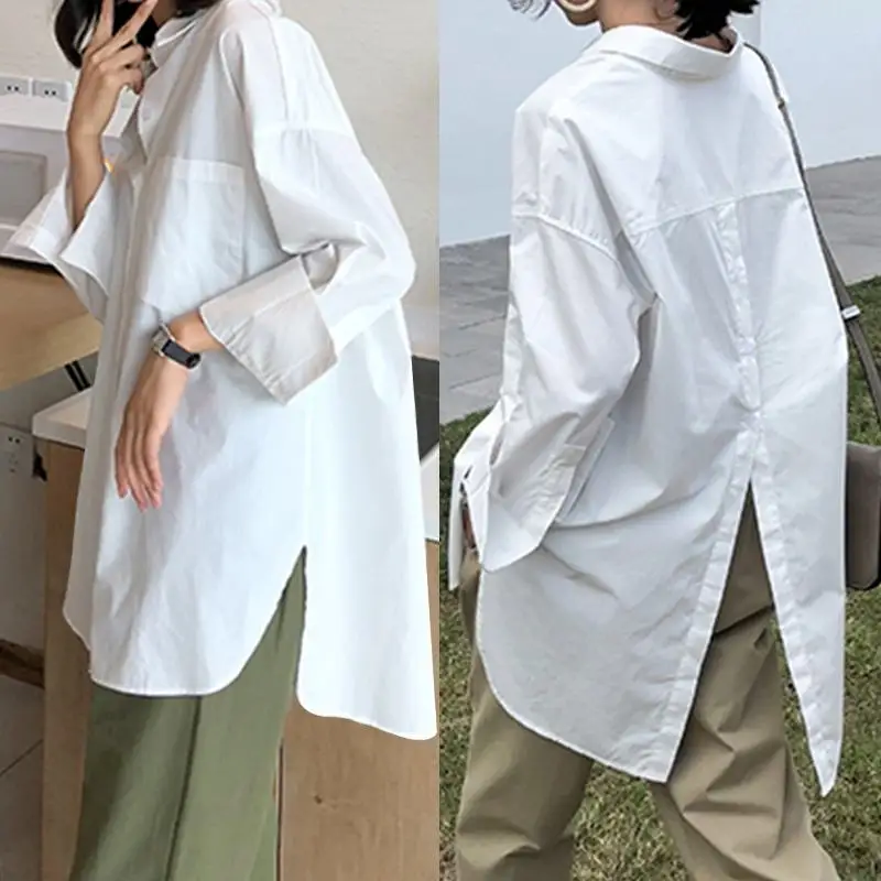 Celmia Casual Long Sleeve White Shirts Women 2023 Lapel Solid Loose Blouses Spring Asymmetrical Chic Back Slit Blusas Femme
