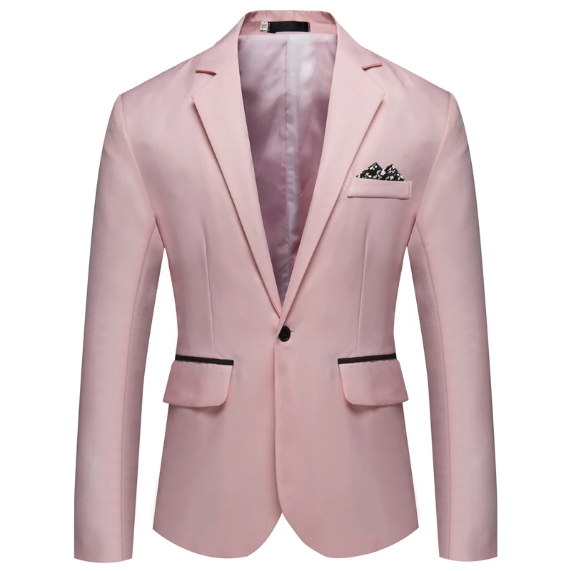 Pink Модный осенний мужской блейзер с длинным рукавом, Одноцветный тонкий мужской повседневный тонкий пиджак, Офисные блейзеры размера плюс 5XL - Цвет: Pink