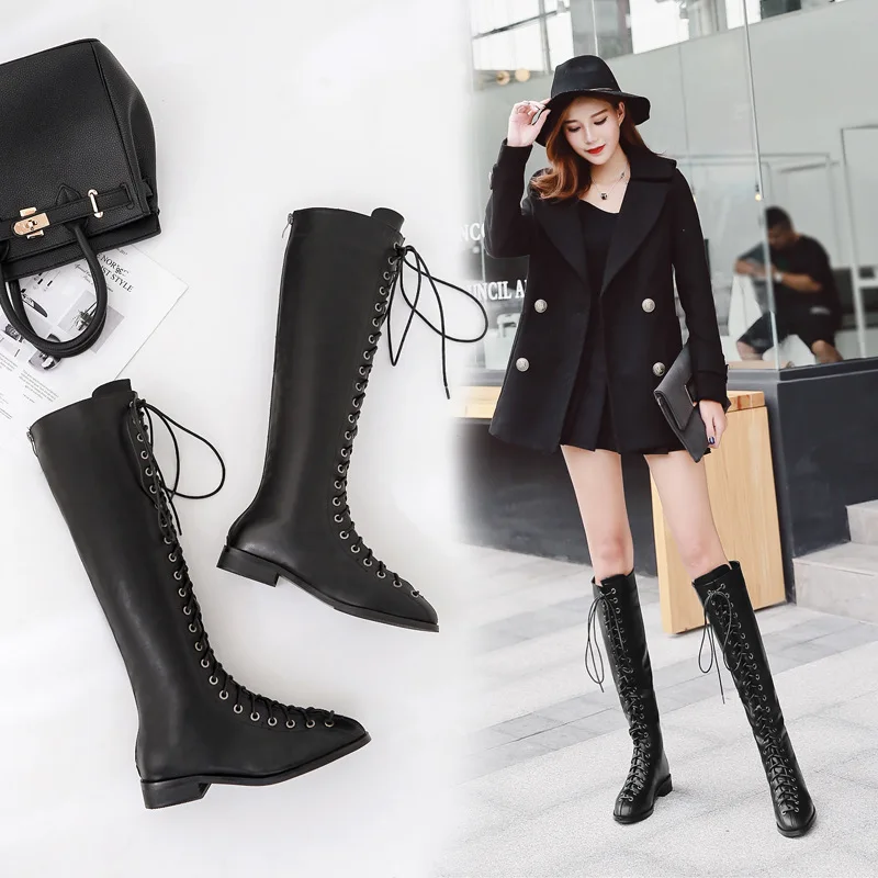 

Shoes Lady Boots Bootee Woman 2019 Winter Women Round Toe Leather Booties Lace Up Sexy Thigh High Heels High Sexy Ladies Rubber