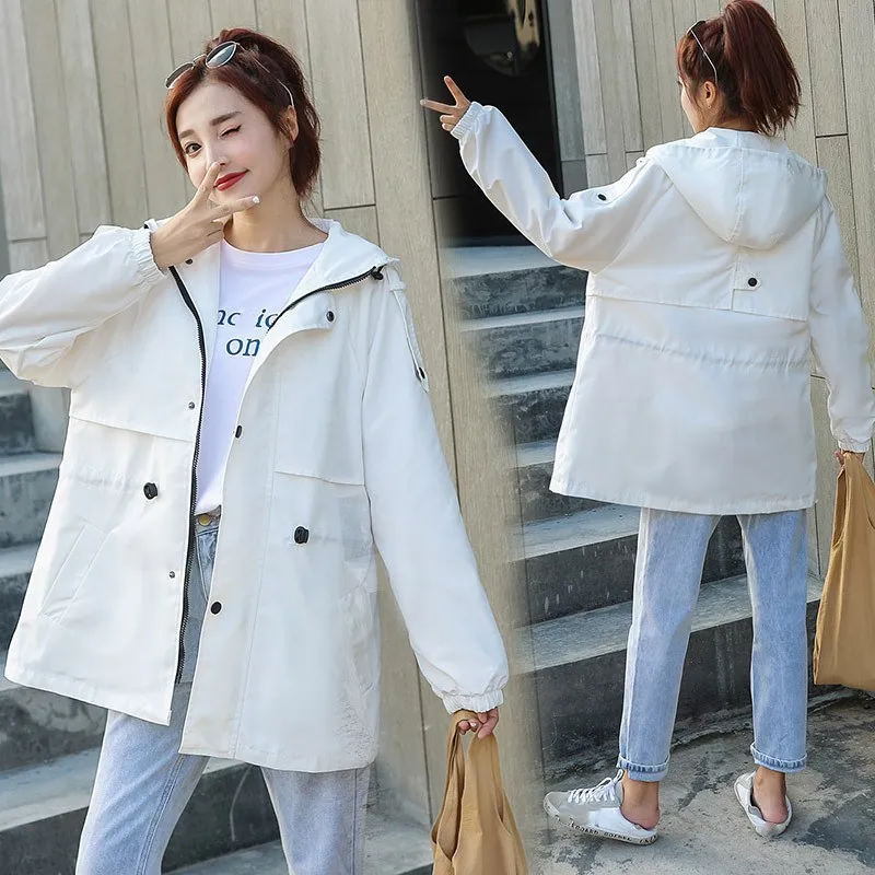 

Autumn Women Black White Hoodies Top Plus Size Students Baseball Clothes Medium Length Windbreaker Coats