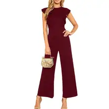 Chiffon Womens Jumpsuit Fashion Casual Solid Color Sleeveless O-Neck Ruffled Wide Leg Loose Playsuit Ropa Mujer 2020 New Hot E