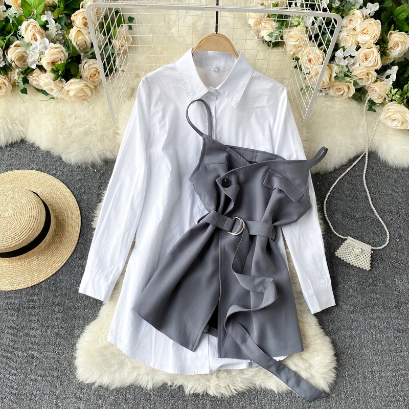 ladies bra Women Temperament Long Sleeve Blouse Pure Color Suspenders Chemise Tops Two Piece Set Female Shirt OL Formal Slim 2021 Autumn sexy camisole