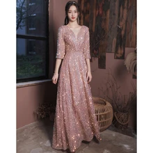 FD284 Roze Lange Avondjurk Elegante Robe De Soiree Rits Vrouwen Party Jurken Plus Size V-hals Sequin Formele Gowns