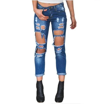 

Sexy Women Destroyed Ripped Distressed Slim Denim Pants Boyfriend Style Big Holes Hollow Out Jeans Trousers