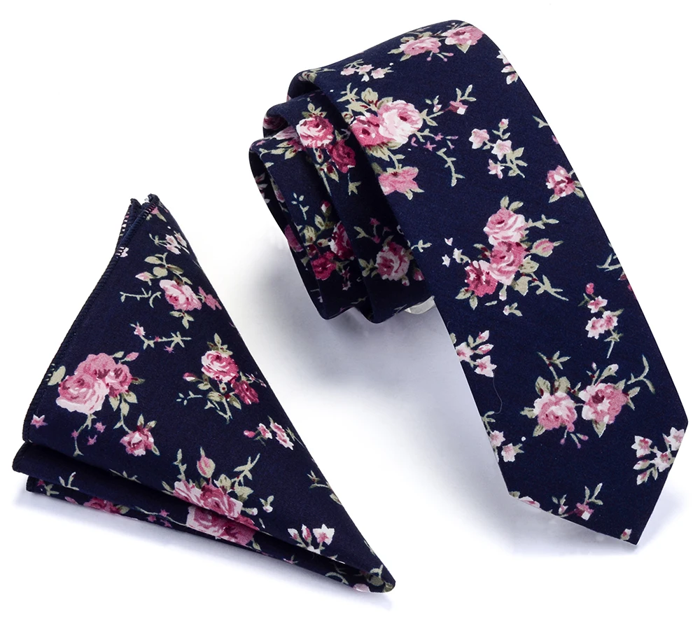 Cotton 6cm Slim Pocket Square Necktie Set Red Bule Floral Print Handkerchief Ties Set For Men Party Skinny Neck Tie Ricnais