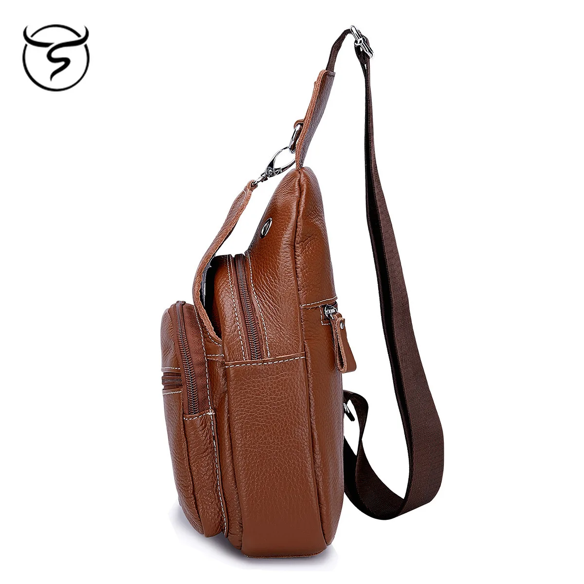 Genuine leather male and female single shoulder bag travelling multifunction double deck zipper brown coffee black