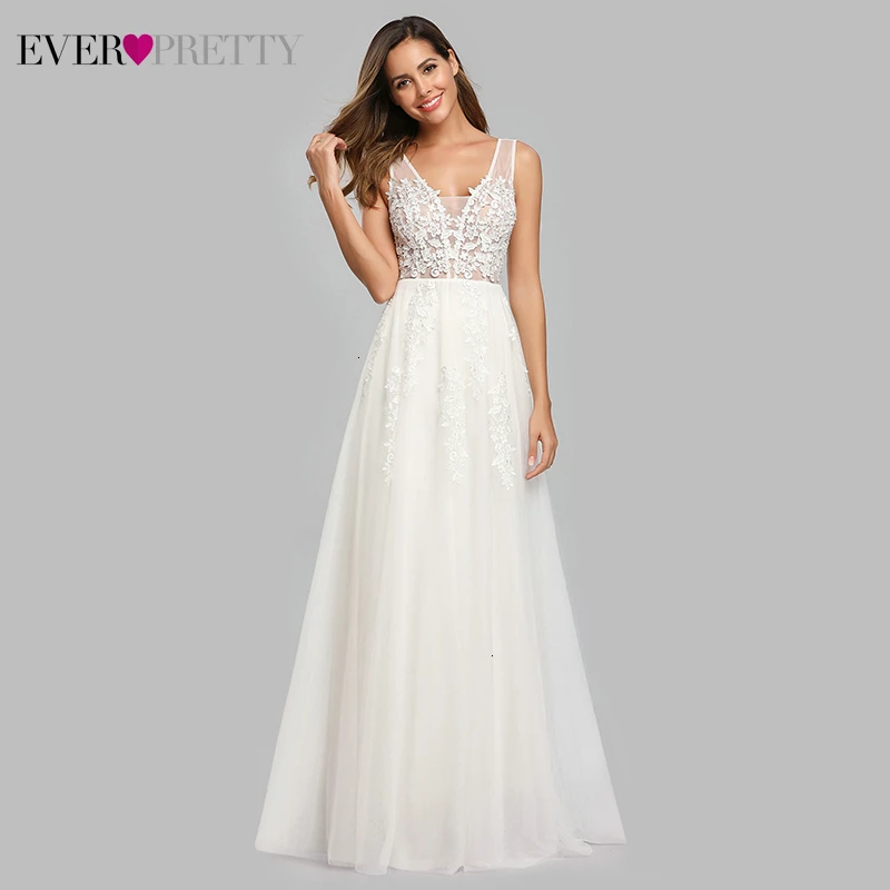 Простое Белое пляжное свадебное платье с открытой спиной, кружевное прозрачное ТРАПЕЦИЕВИДНОЕ свадебное платье в пол с v-образным вырезом, Vestido De Casamento - Цвет: Белый