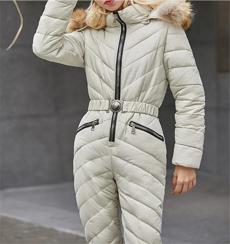 beige PConjoined хлопковый костюм hoto Take осенне-зимний женский тонкий хлопковый костюм ветрозащитный лыжный костюм модный тренд индивидуальность Thicke - Цвет: beige